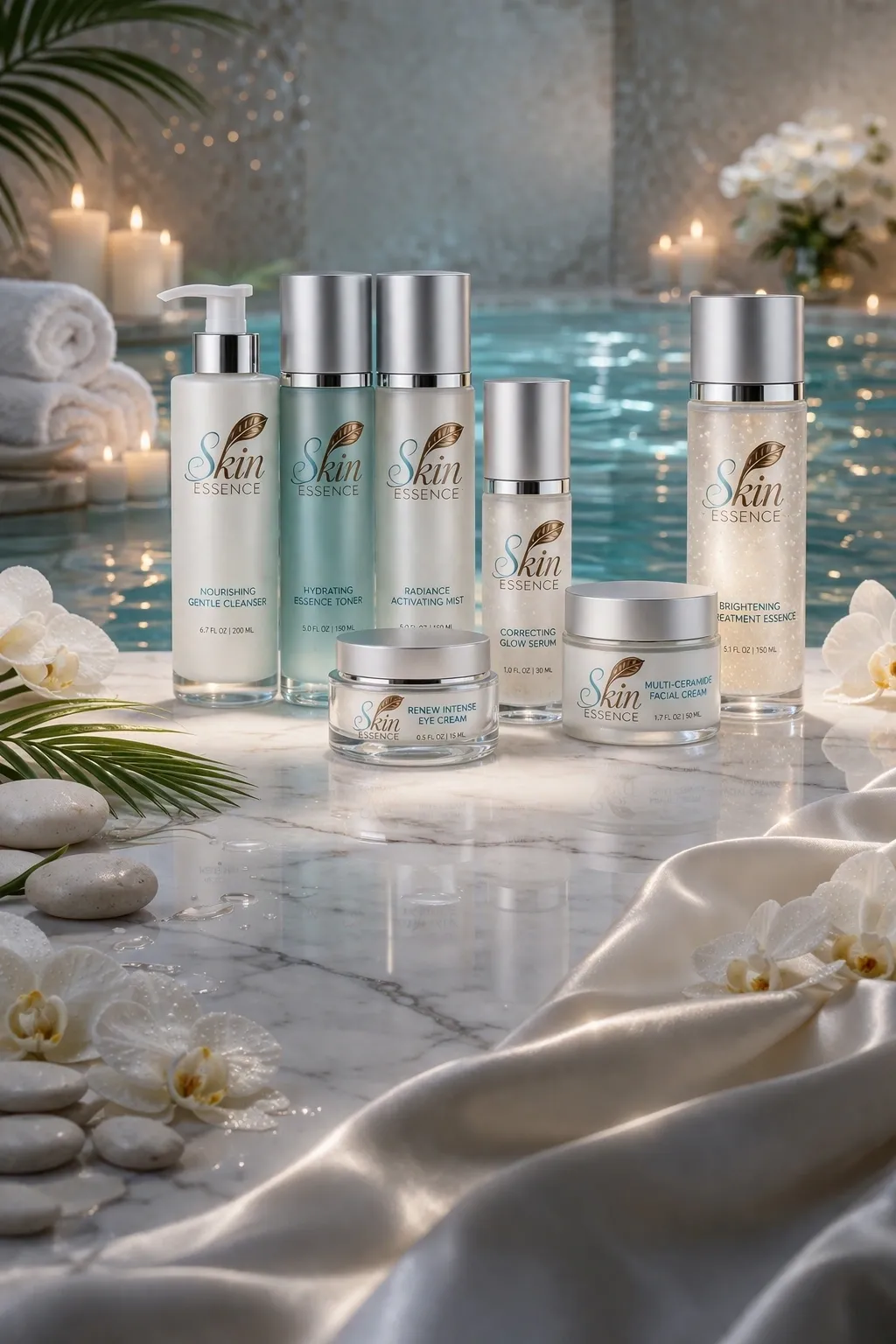 Skincare products displayed by a serene pool.